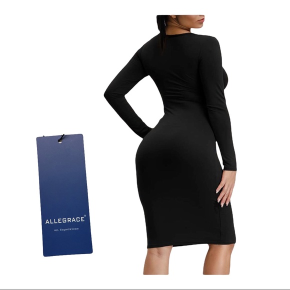 Pre-owned Black Long Sleeved Stretch Bodycon Bandage Strappy Dress L - Picture 3 of 5